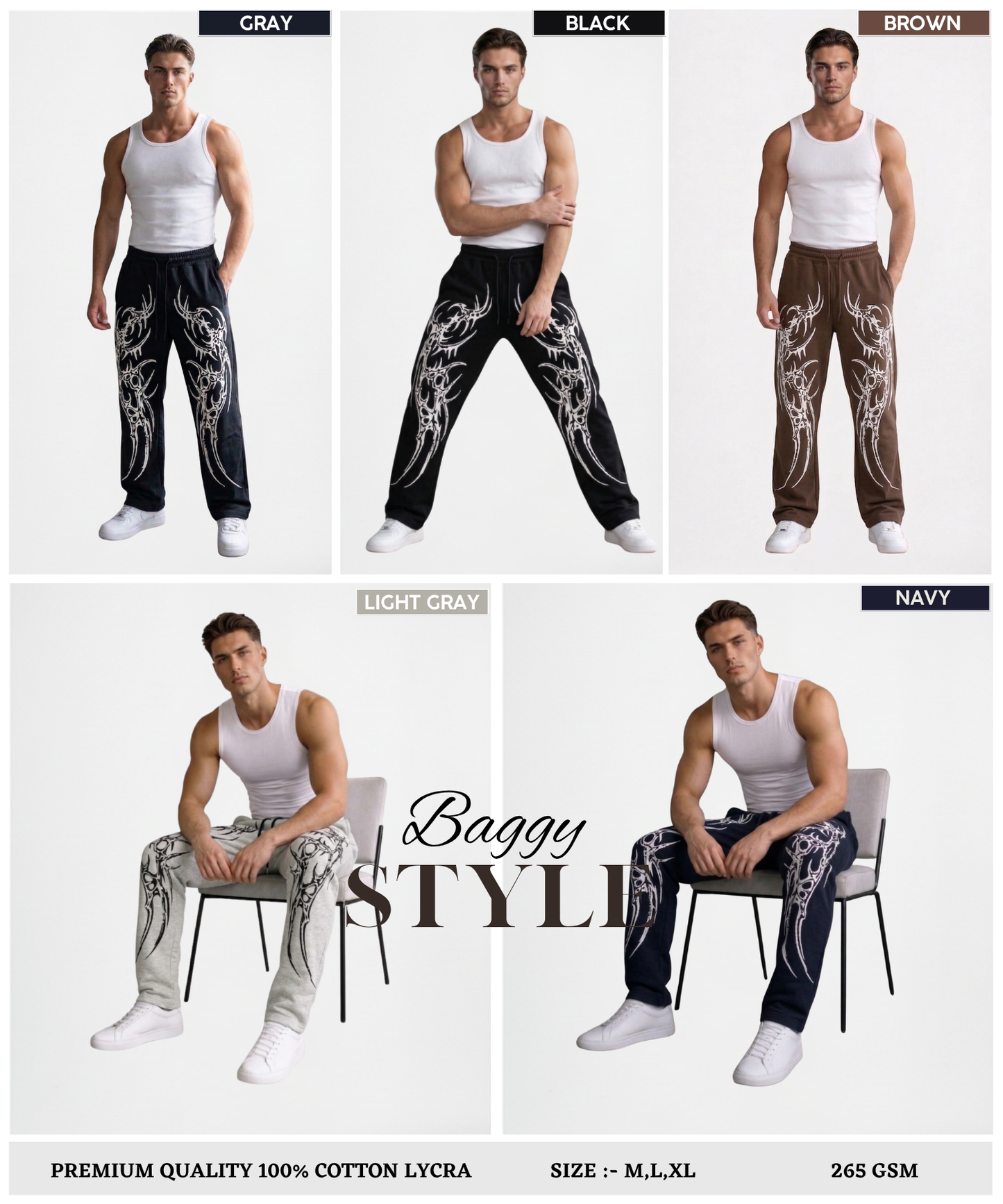 Men’s Premium Cotton Lycra Printed Track Pants (265 GSM) | Baggy Fit