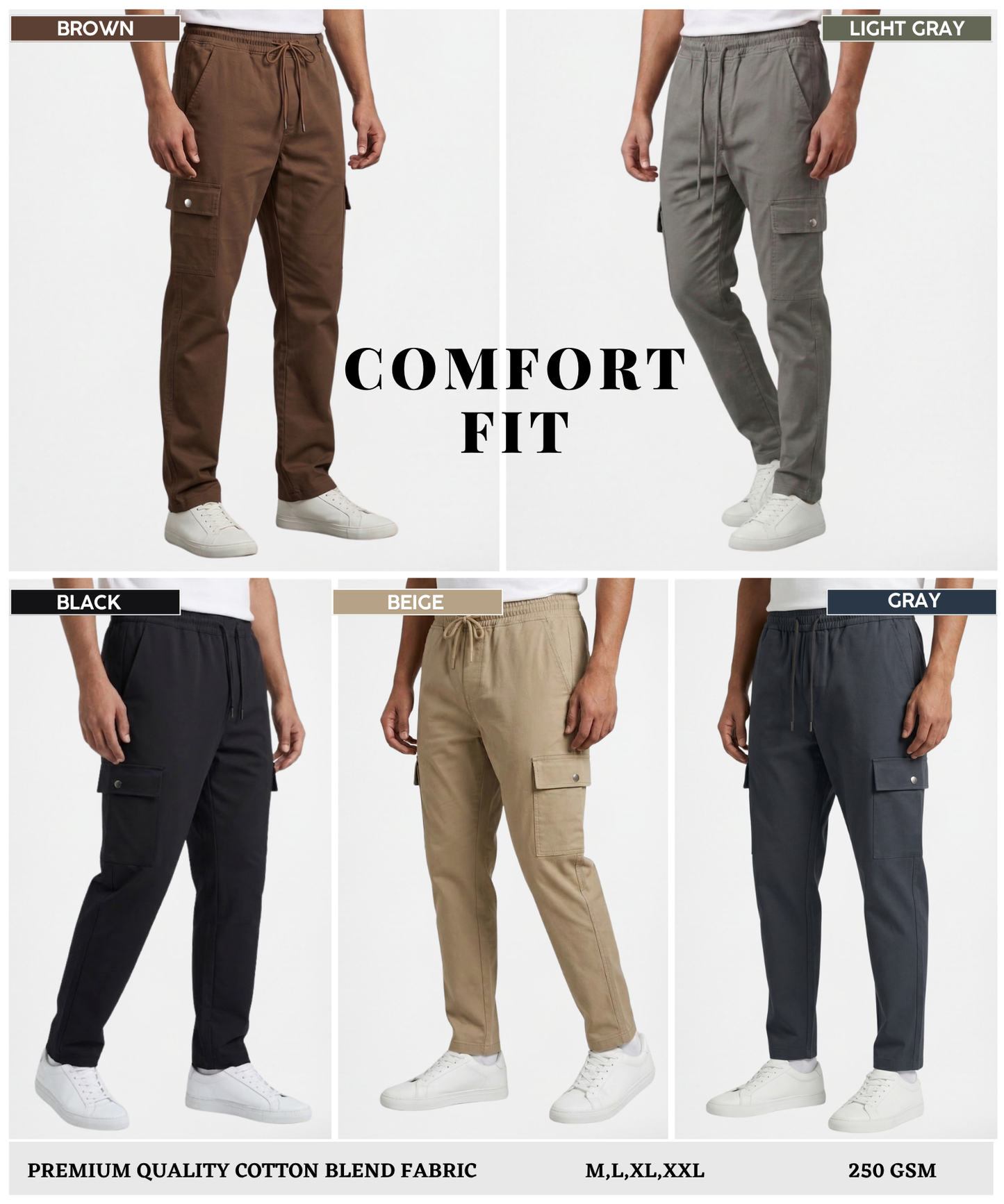 Men’s Premium Cotton Lycra Cargo Track Pants (250 GSM) – Stretchable, Comfortable Fit