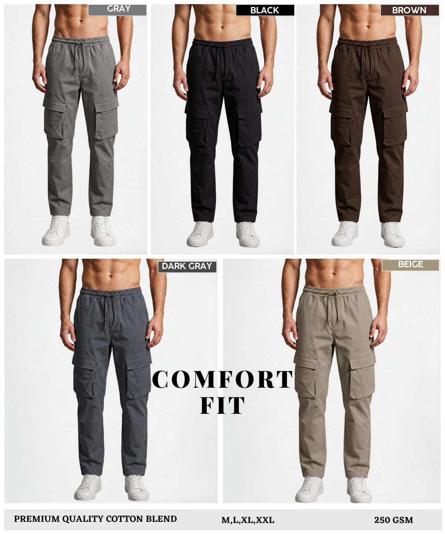 Men’s Premium Cotton Blend Lycra Comfort Fit Cargo Track Pants | 250 GSM | Multi-Pocket Casual Cargo