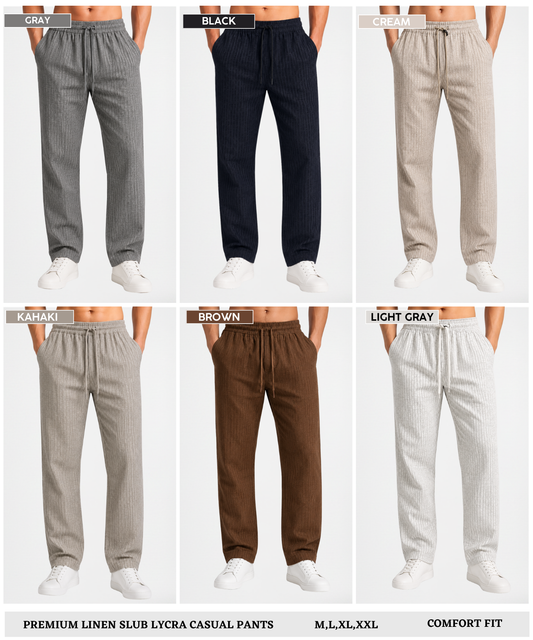 Men’s Premium Linen Striped Textured Pants (210 GSM) | 1 Side Zipper Pocket & 1 Side Open Cross Pocket
