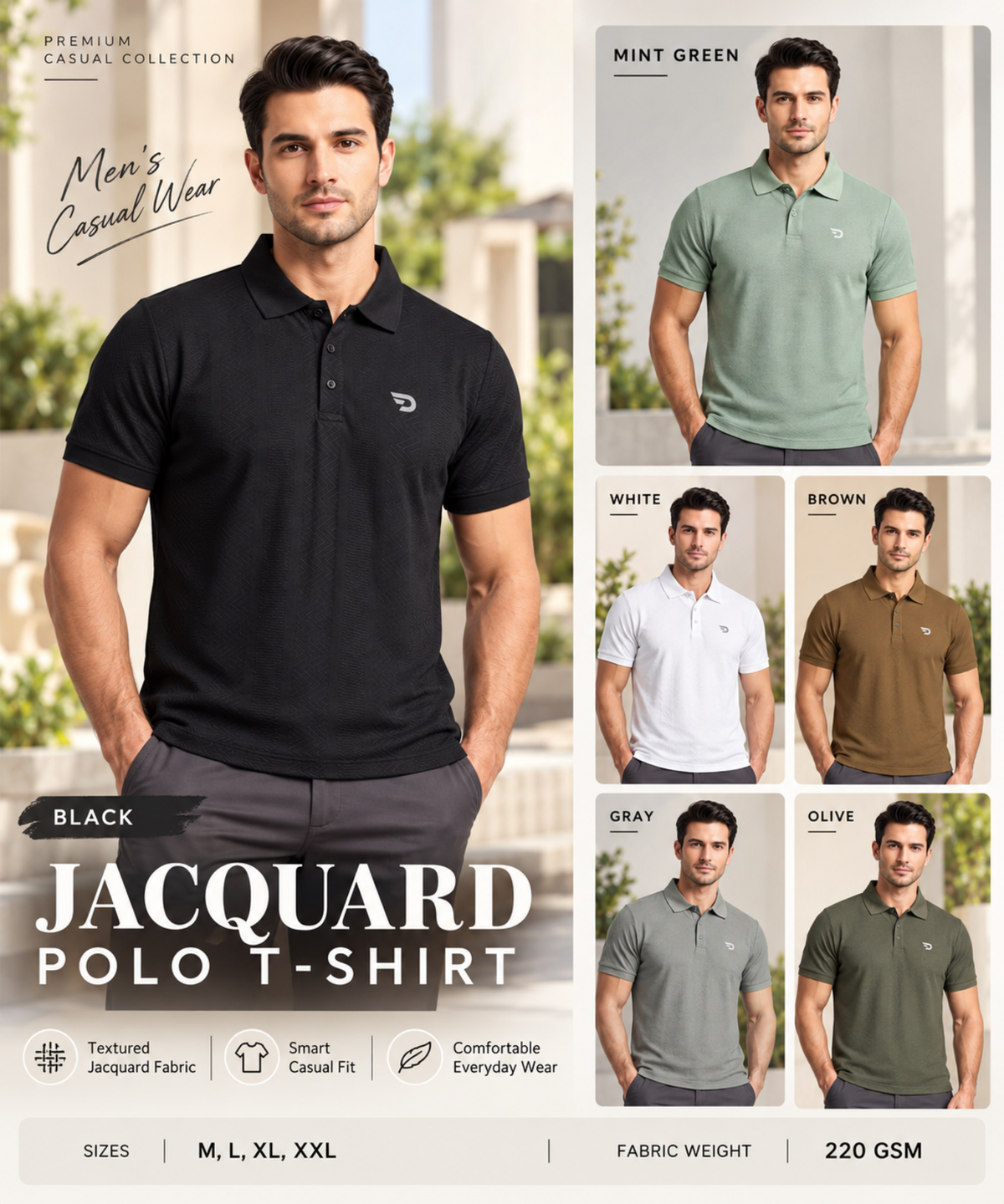 Men's Imported Jacquard Polo T-Shirt Half Sleeves | 220 GSM | Regular Fit