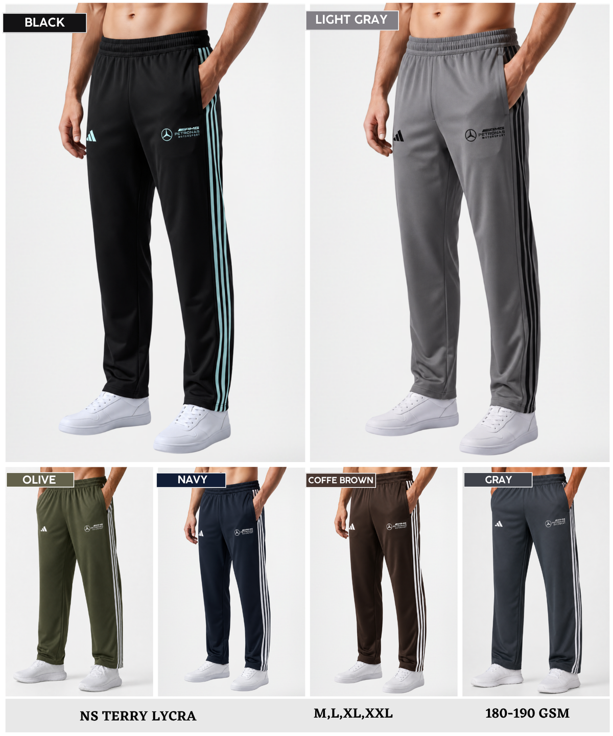 Imported Ns Terry Lycra TrackPant Three Strip Design With Dual Embroidery Logo | GSM 180-190 | Regular Fit