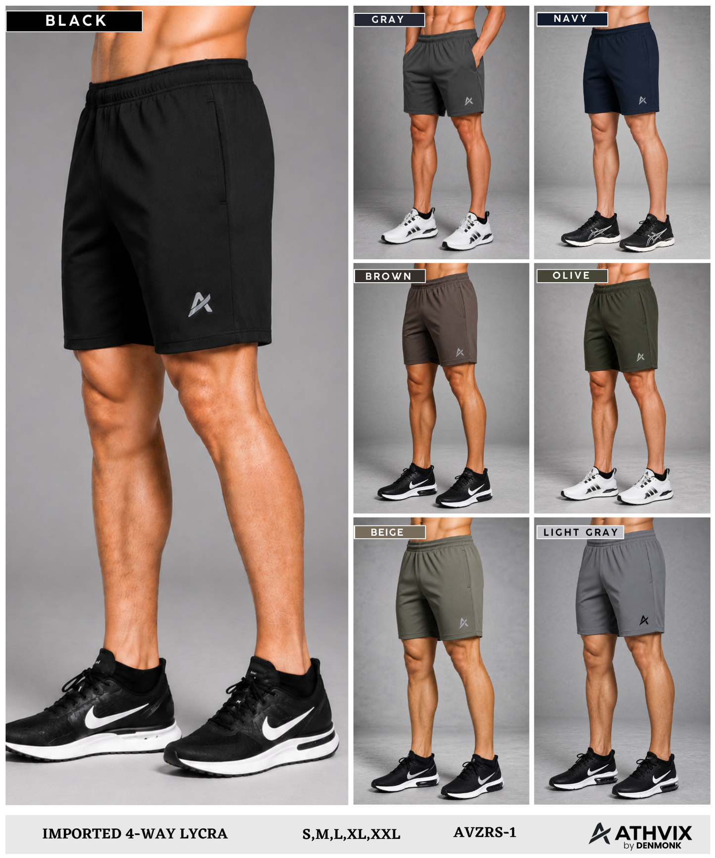 ATHVIX by Denmonk Premium 4-Way Lycra Shorts | 250 GSM | Regular Fit | Stretchable Quick-Dry Activewear for Men