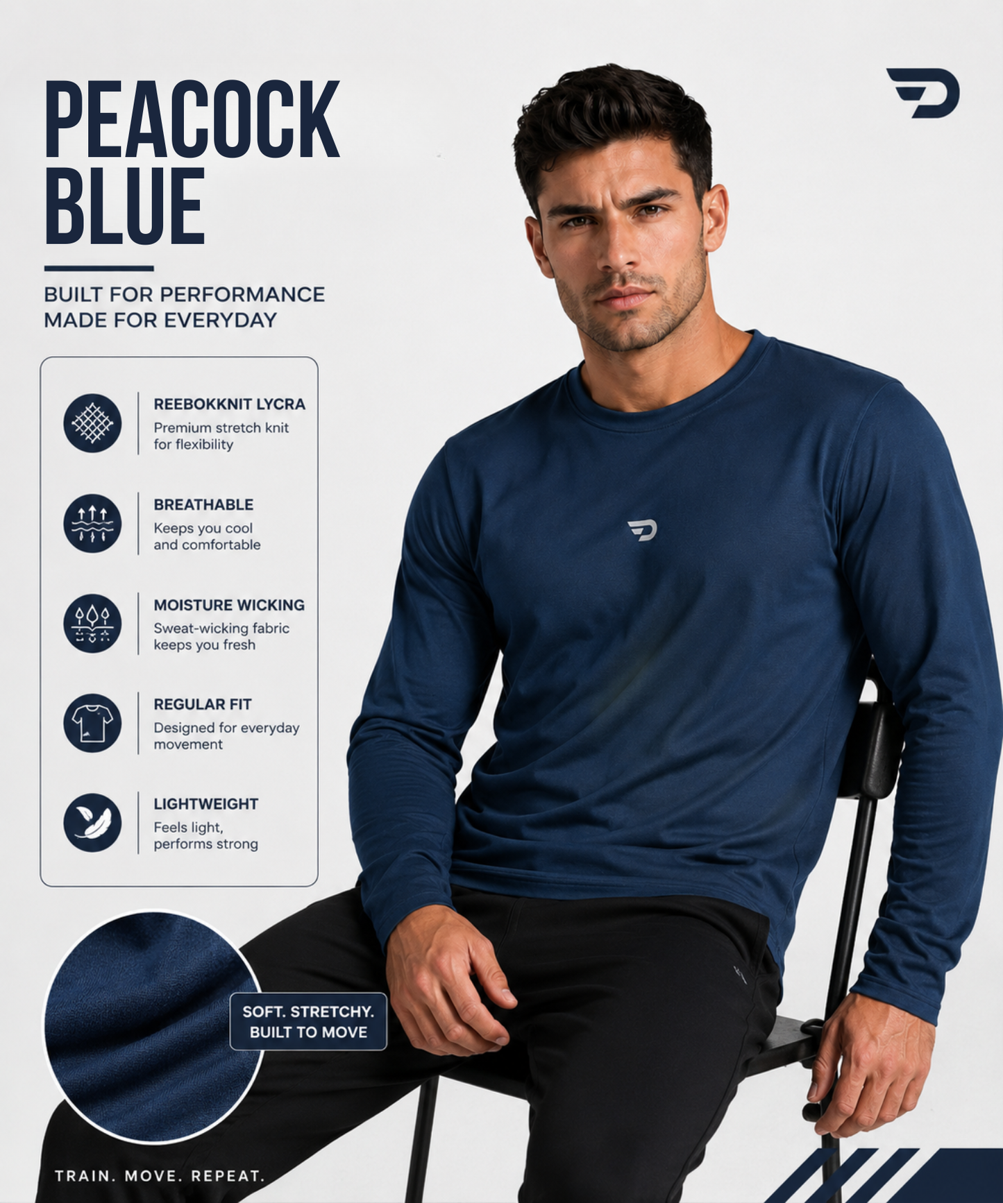 Imported Reebok Knit Lycra T-Shirt (GSM 180) – Full Sleeve, Round Neck | Regular Fit
